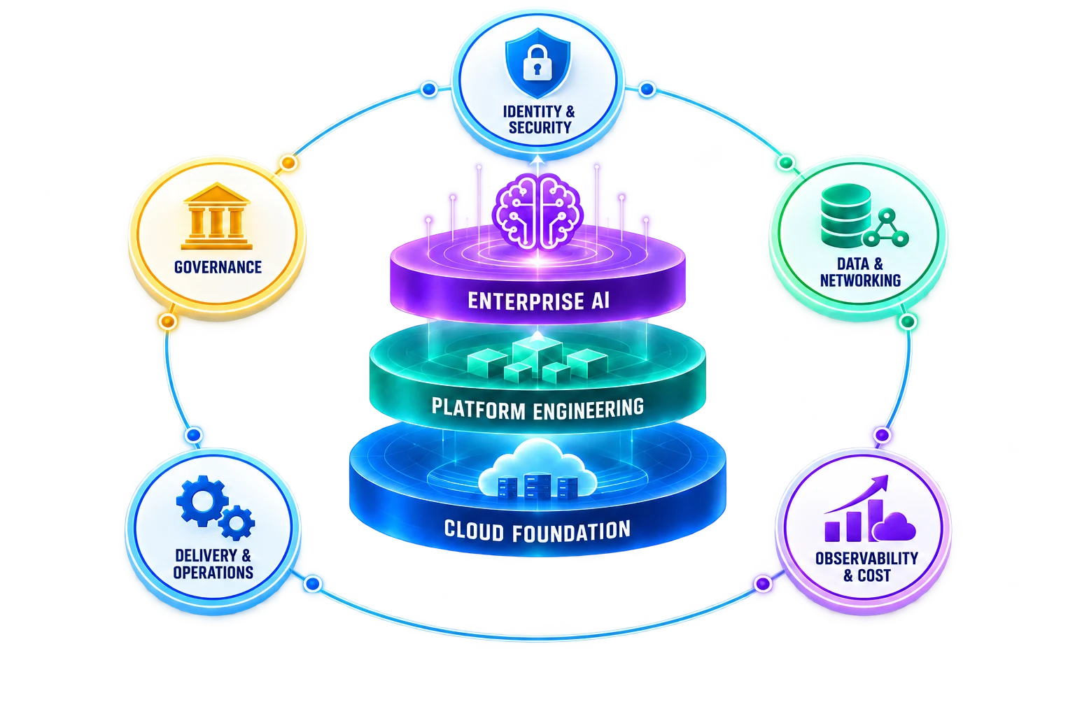 Three connected layers—Cloud Foundation, Platform Engineering and Enterprise AI—with shared capabilities for identity and security, governance, data and networking, delivery and operations, observability and cost.