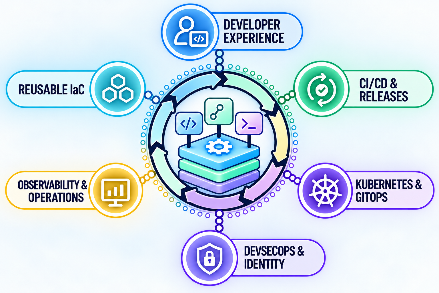 Platform engineering workflow connecting developer experience, reusable infrastructure as code, CI/CD and releases, Kubernetes and GitOps, observability and operations, and DevSecOps and identity.
